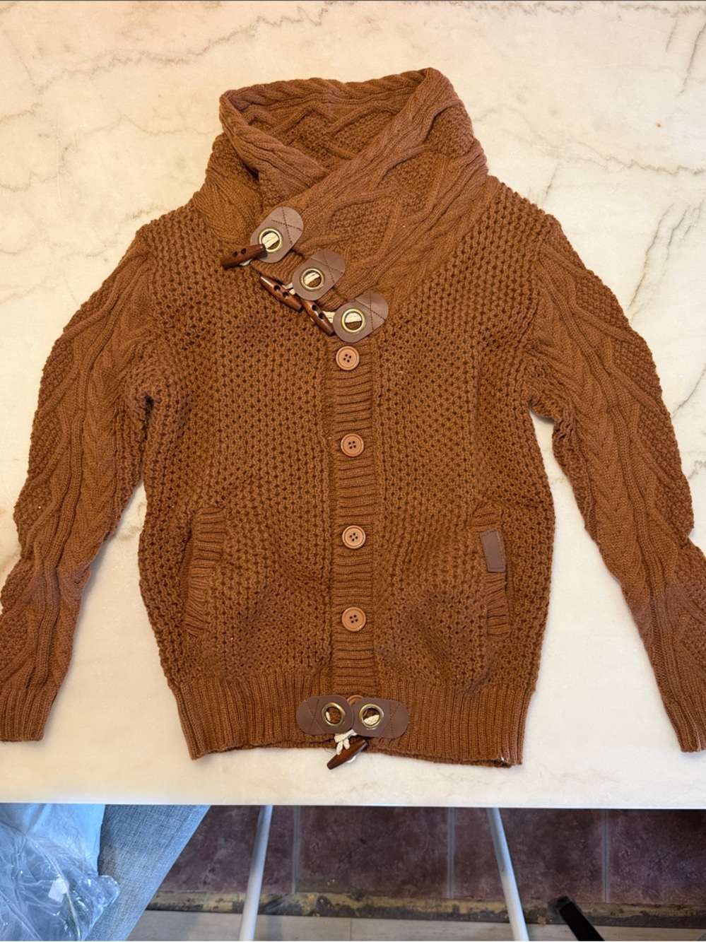 Men's Shawl Collar Toggle Cardigan Sweater - Rust Brown